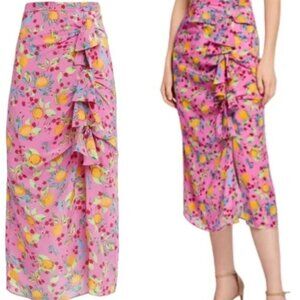 NWOT SALONI Kelly Floral-print Silk Crepe De Chine Midi Skirt in Multi XS $450